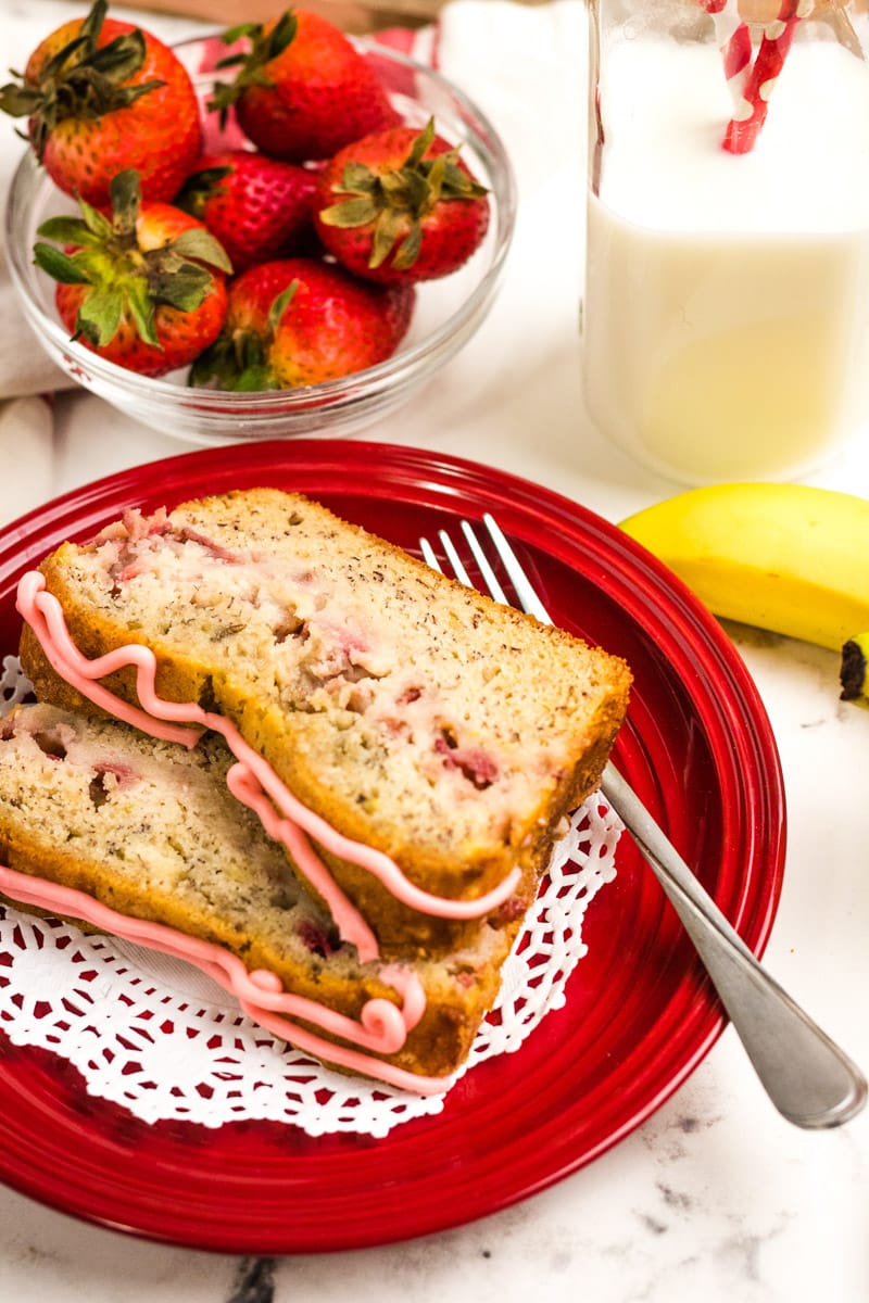 slices of strawberry banana bread on a plate