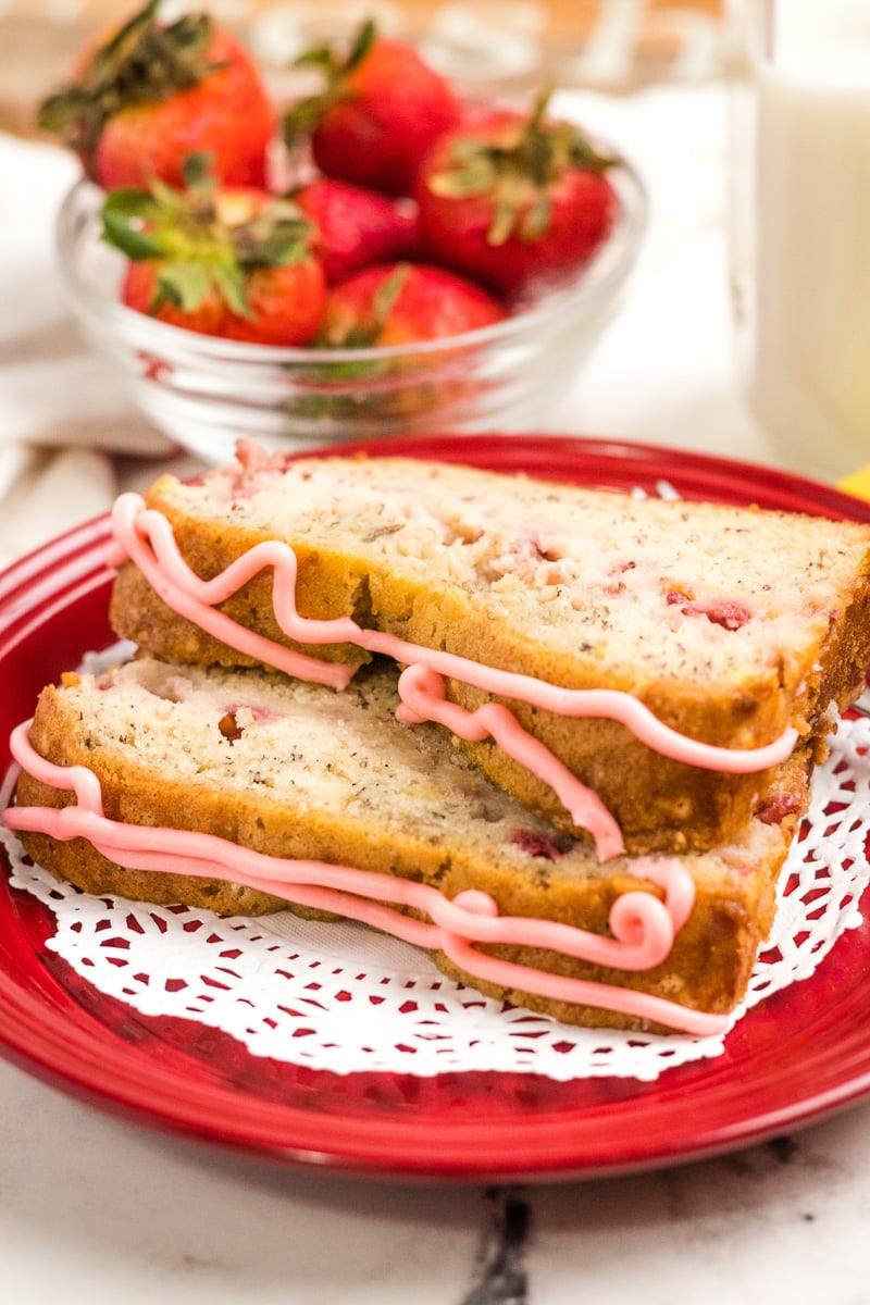 slices of strawberry banana bread close up