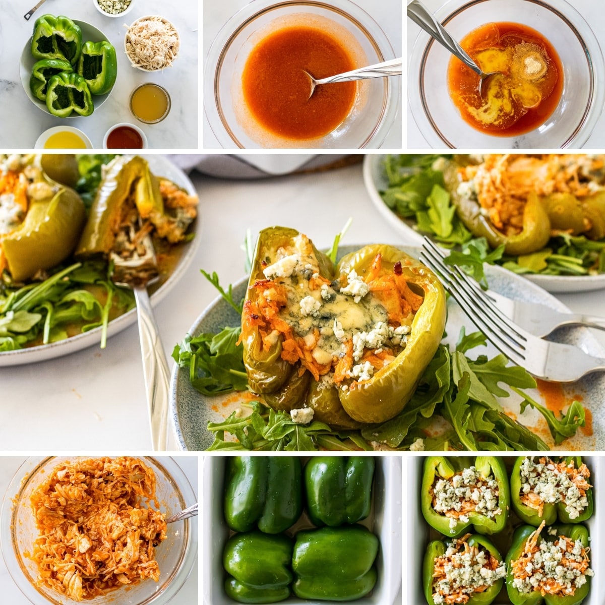 how to make buffalo chicken stuffed peppers collage