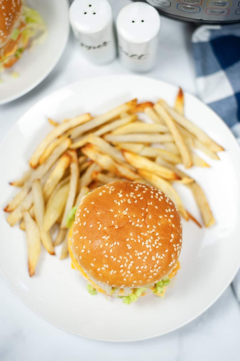 top view of instant pot burger with fries