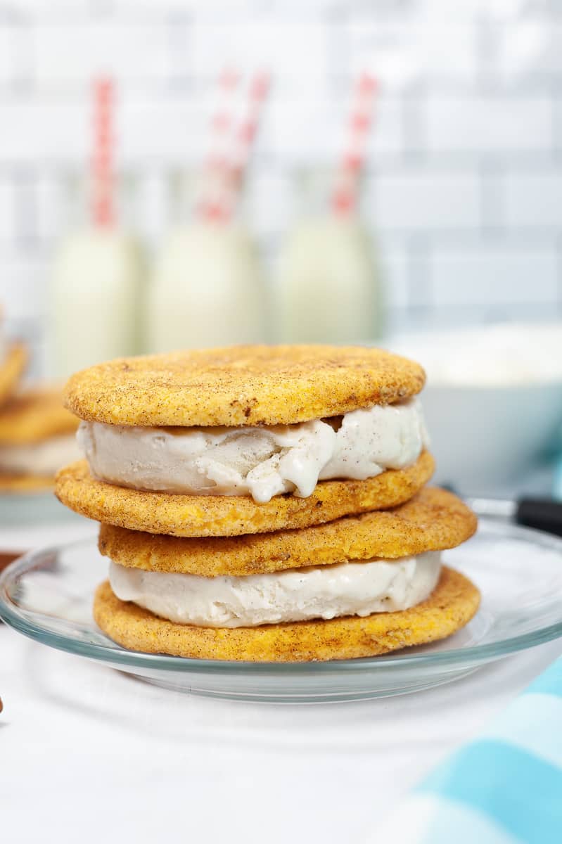two Snickerdoodle Ice Cream Sandwiches stacked on a plate
