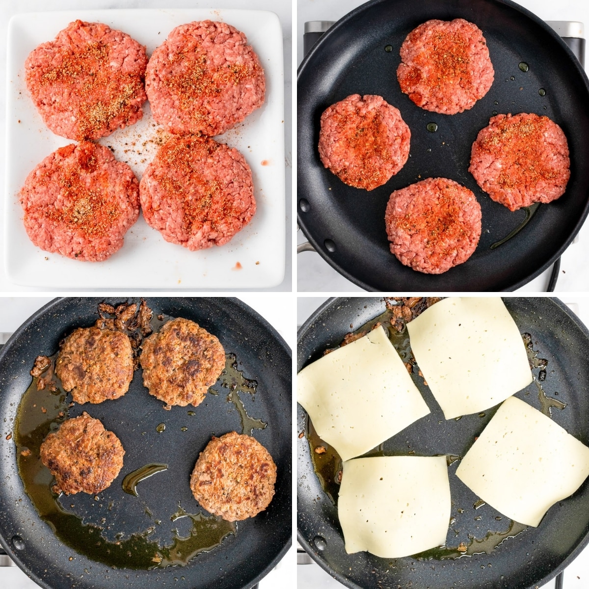 collage of how to make burgers on the stove