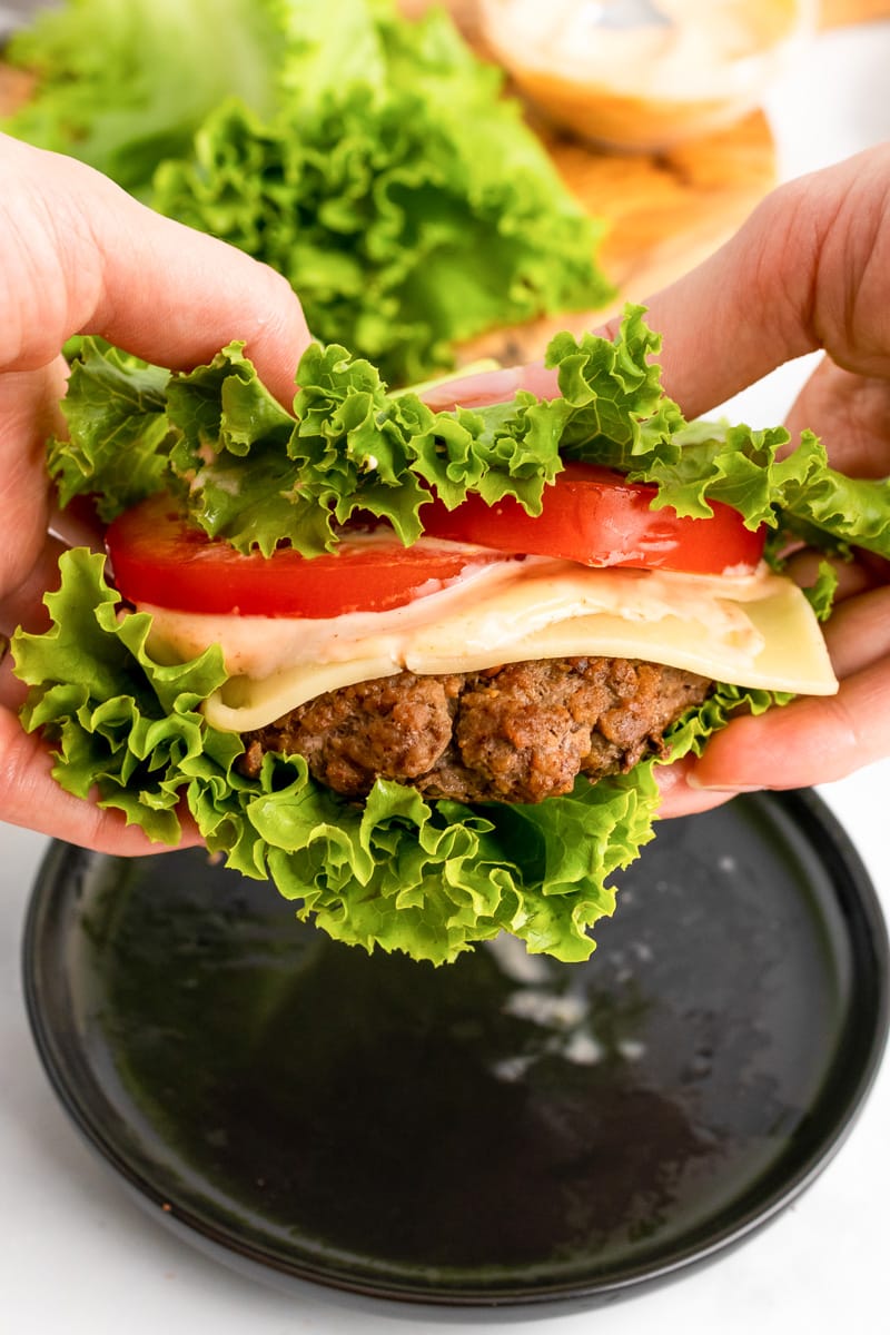 close up of lettuce wrap burgers