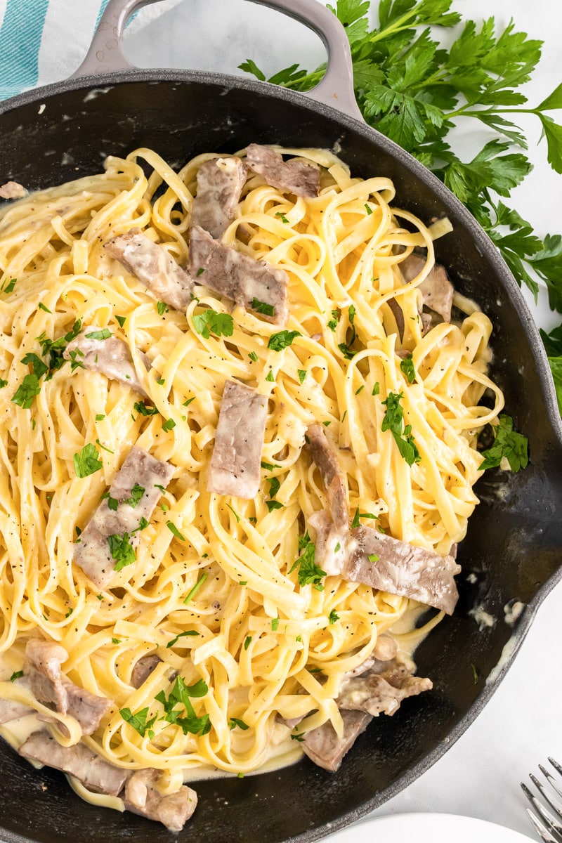 skillet of easy steak alfredo