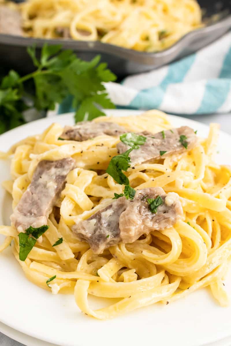 close up plate of easy steak alfredo