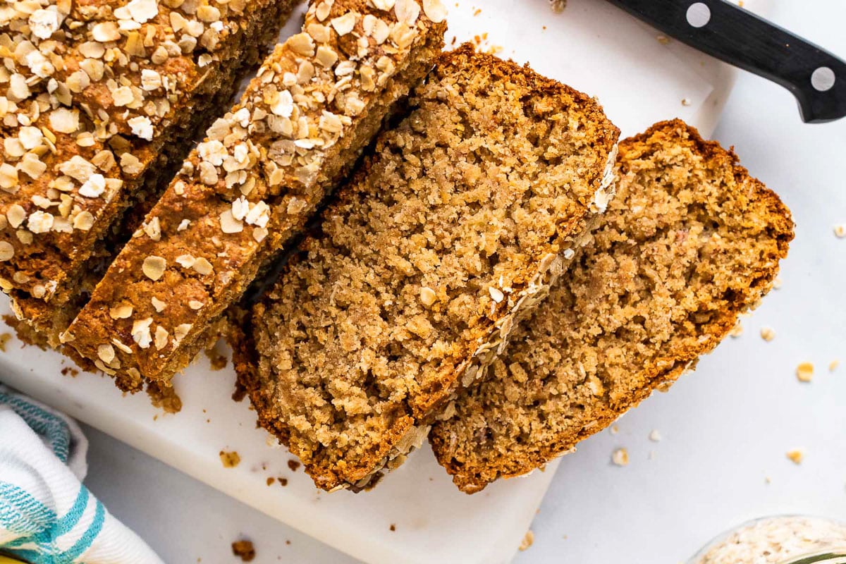 top view of sliced loaf of banana oat bread