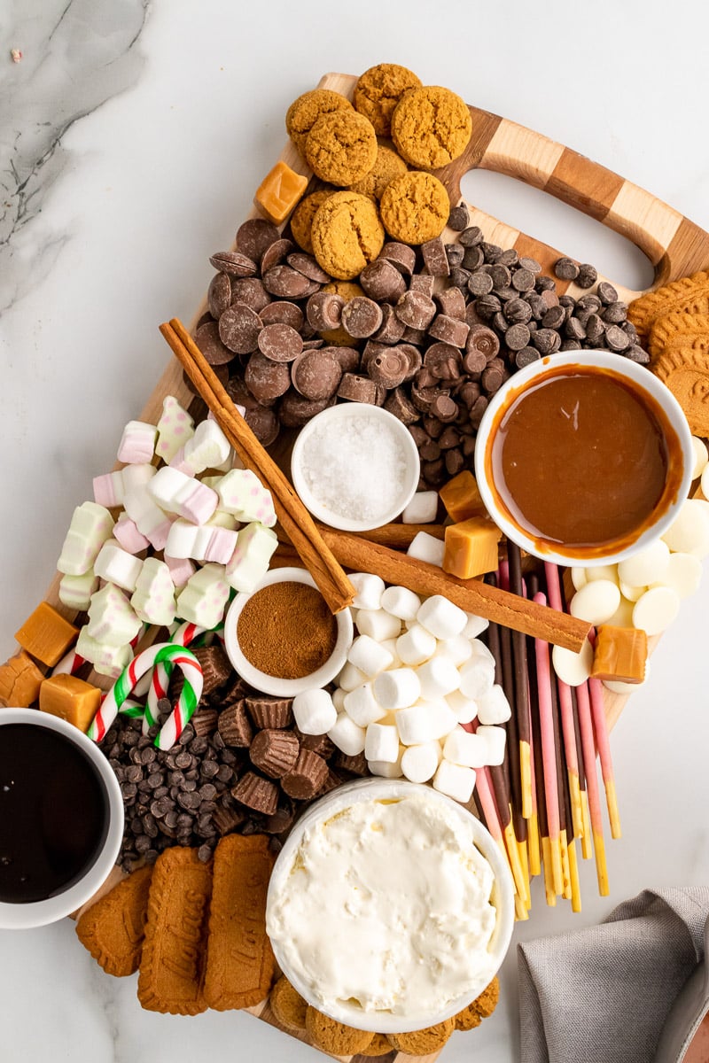 closer top view of hot chocolate charcuterie board