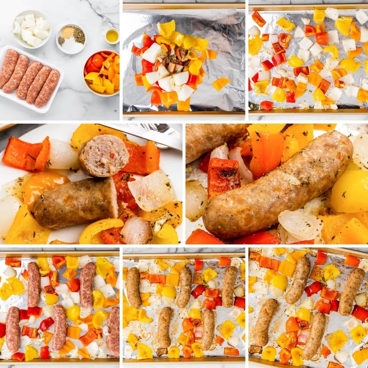 how to make sheet pan italian sausage and peppers collage