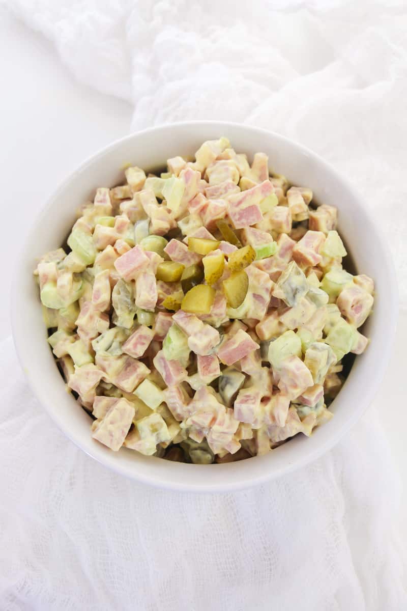 top view bowl of old fashioned ham salad
