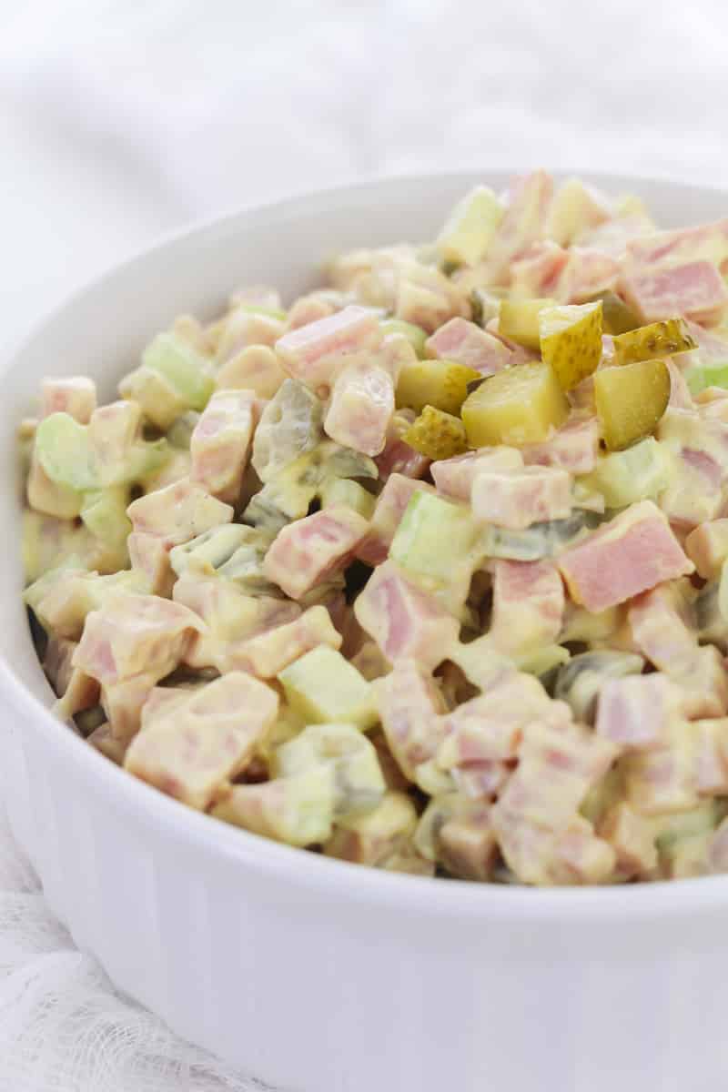 close up bowl of old fashioned ham salad