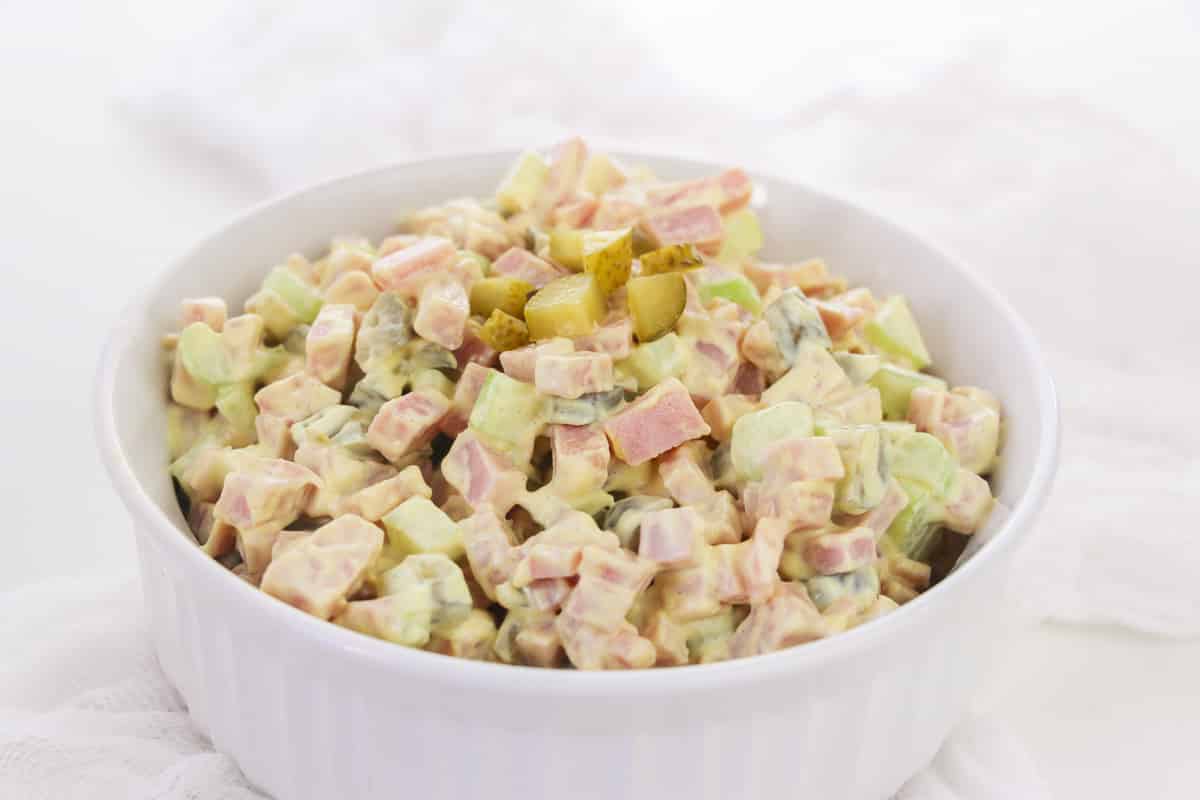 side view bowl of old fashioned ham salad