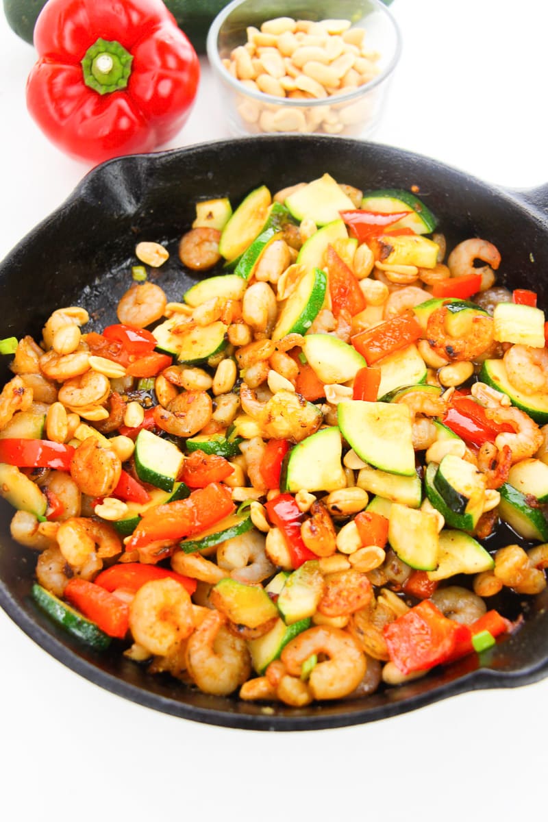 skillet of cooked kung pao shrimp