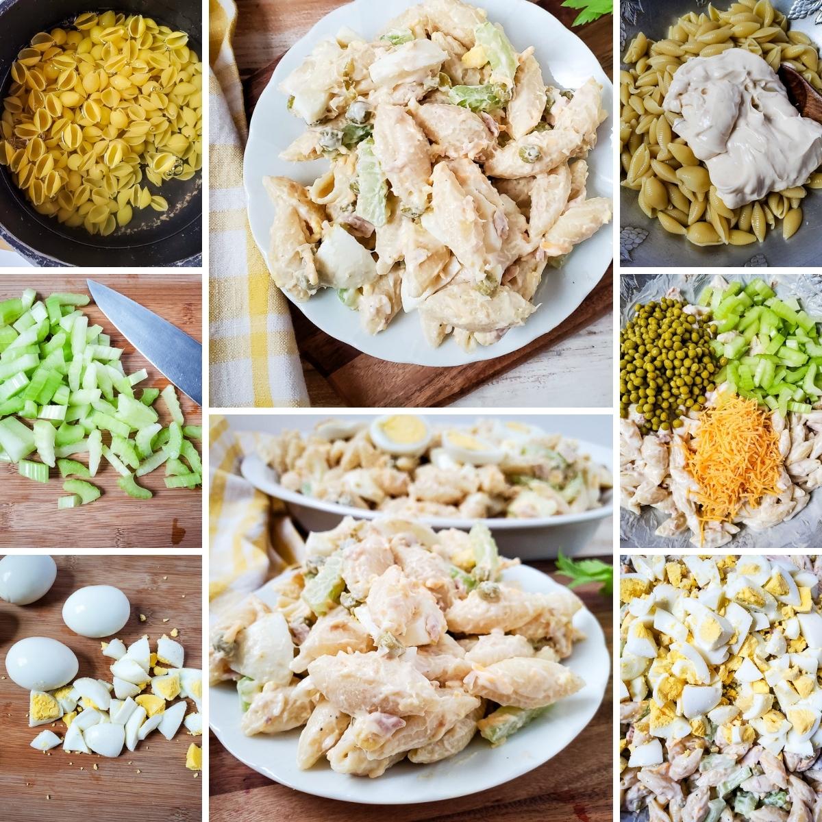 how to make creamy tuna egg pasta salad collage