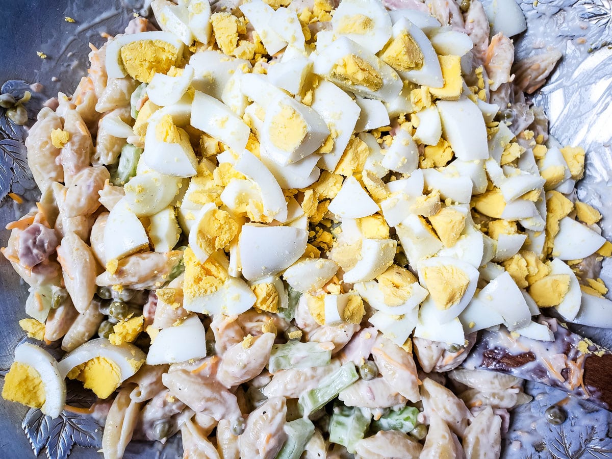 Creamy Tuna Egg Pasta Salad All She Cooks