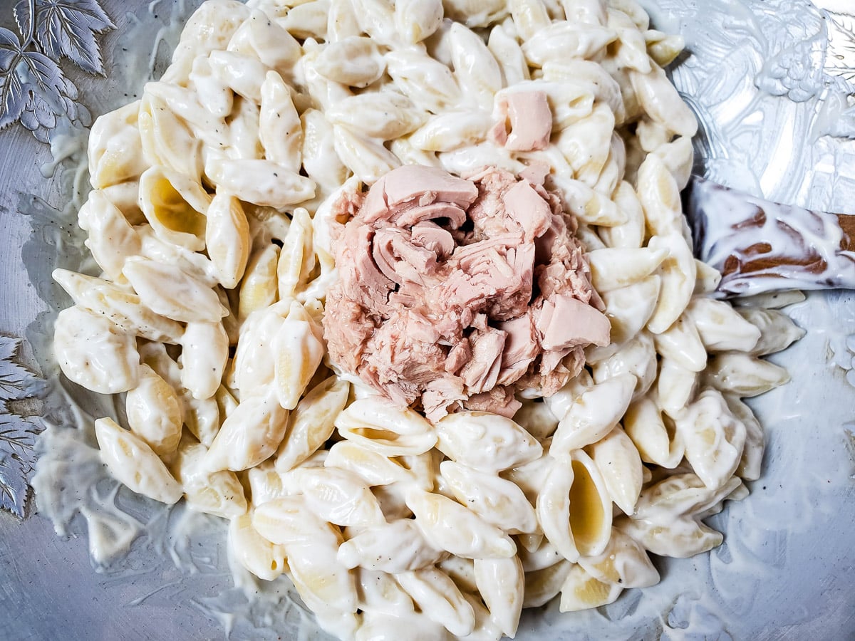 Creamy Tuna Egg Pasta Salad All She Cooks