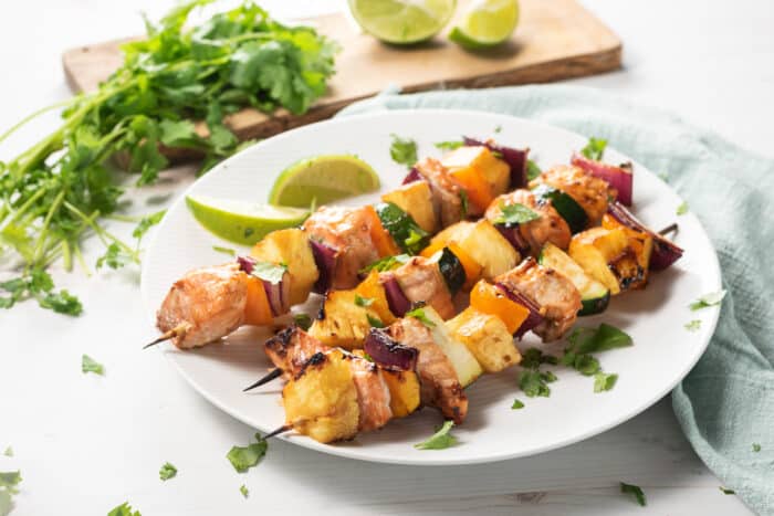 salmon skewers with pineapple and veggies