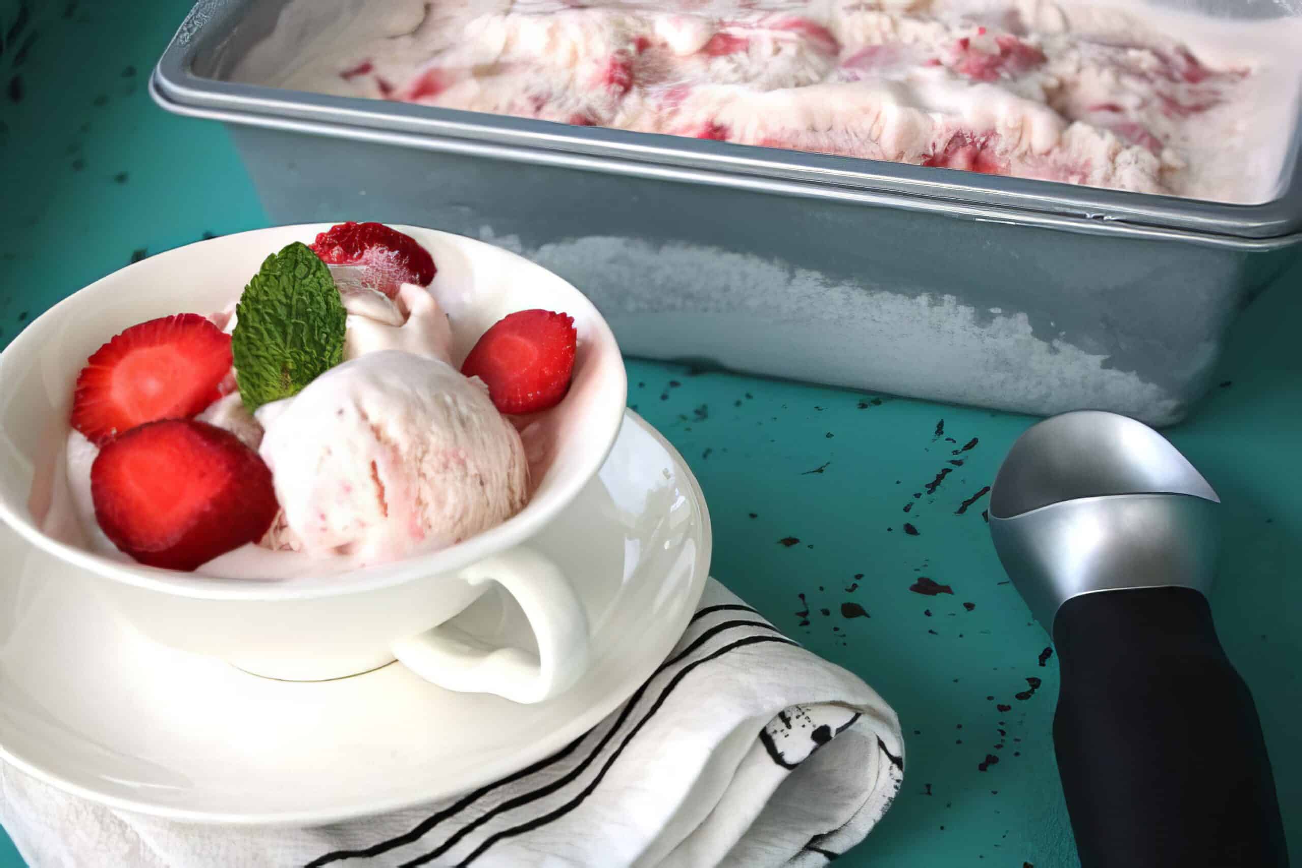 strawberry ice cream in a white mug