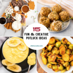 15 Fun & Creative Potluck Ideas collage featuring hot chocolate charcuterie board, cream cheese sausage balls, banana pudding, and buffalo brussels sprouts