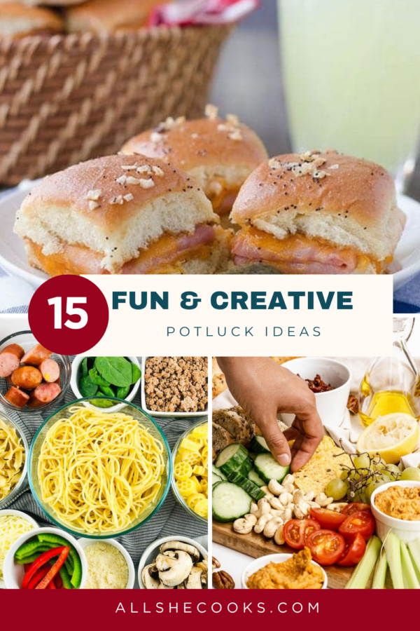 15 Fun & Creative Potluck Ideas pin featuring ham and cheddar potluck sandwiches, DIY pasta bar, and vegan charcuterie board