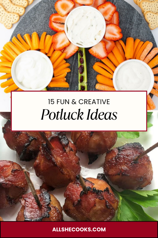15 Fun & Creative Potluck Ideas pin featuring spring veggie platter and bacon water chestnuts with spicy mustard dip