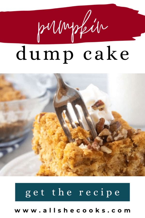 Pumpkin dump cake with a fork and whipped cream, Pinterest graphic