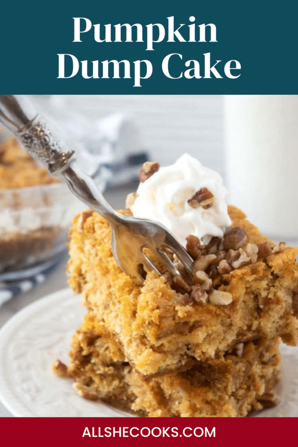 Pumpkin dump cake topped with whipped cream and pecans, Pinterest graphic