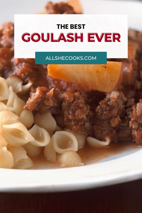 Close-up of the best goulash ever with ground beef, sausage and potatoes