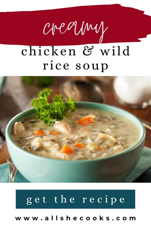Creamy chicken and wild rice soup Pinterest graphic with a bowl of soup