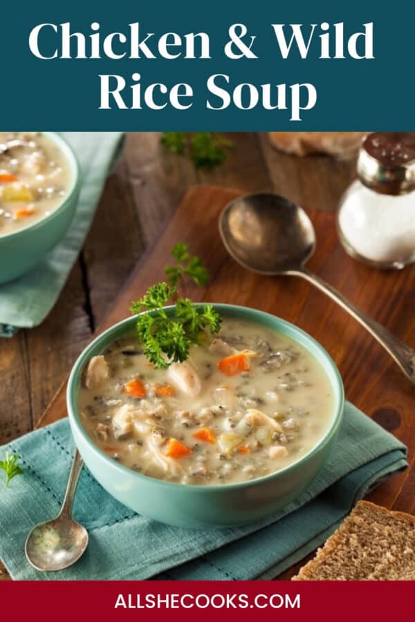 Chicken and wild rice soup Pinterest graphic showing the soup in a teal bowl