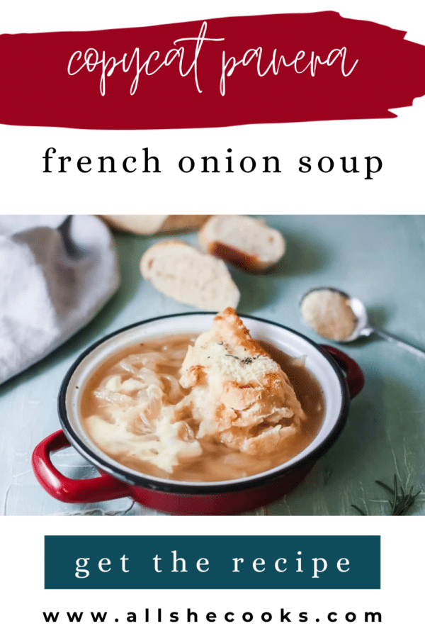 Copycat Panera French onion soup Pinterest graphic with a bowl of soup and cheesy bread