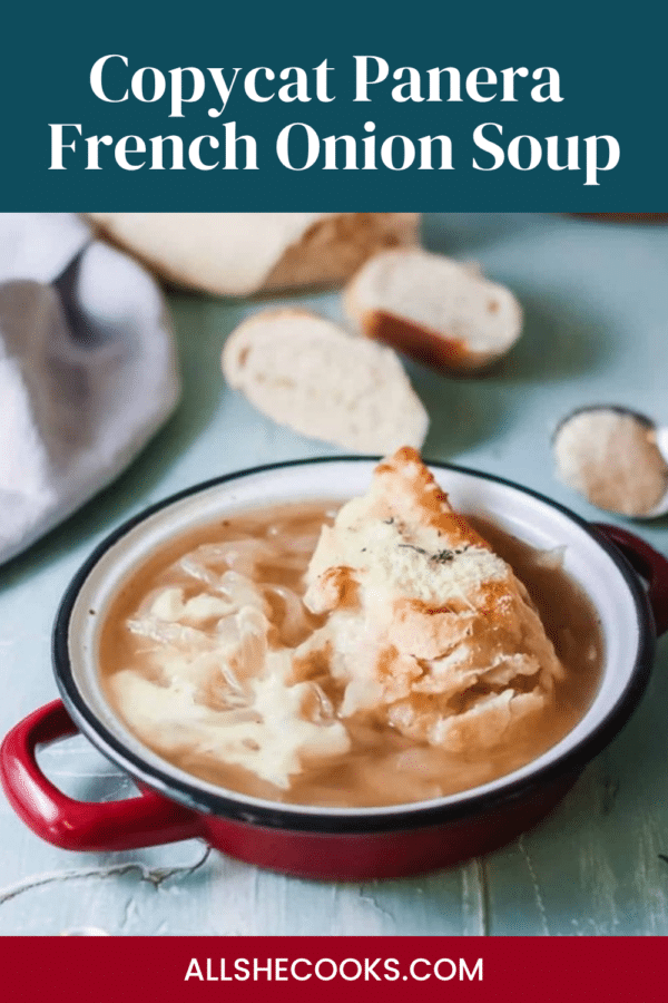 Copycat Panera French onion soup Pinterest graphic showing a red bowl of onion soup