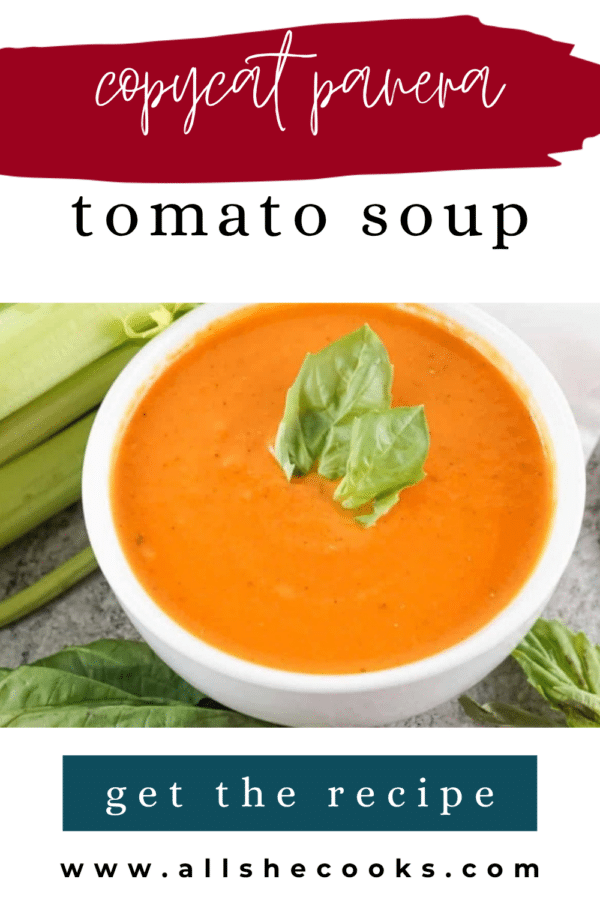 Copycat Panera tomato soup in a white bowl with basil, Pinterest graphic