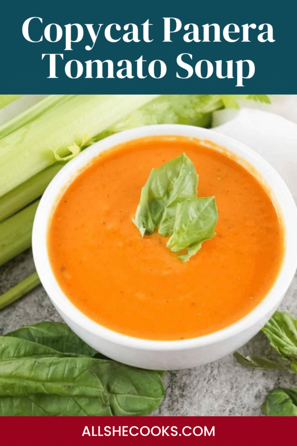 Copycat Panera Tomato Soup title over a bowl of creamy tomato soup