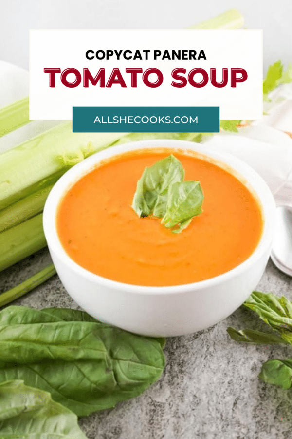 Bowl of copycat Panera tomato soup with basil and celery, Pinterest graphic