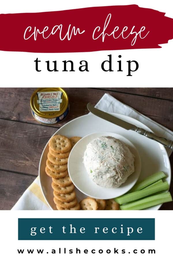 Cream cheese tuna dip Pinterest pin with crackers and celery