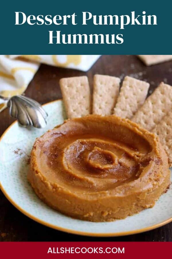 Dessert pumpkin hummus on a plate with graham crackers, Pinterest pin