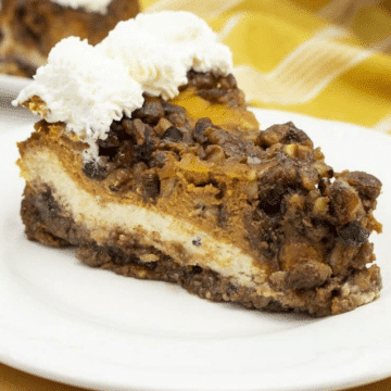 Slice of double layer pumpkin cheesecake with pecan streusel and whipped cream