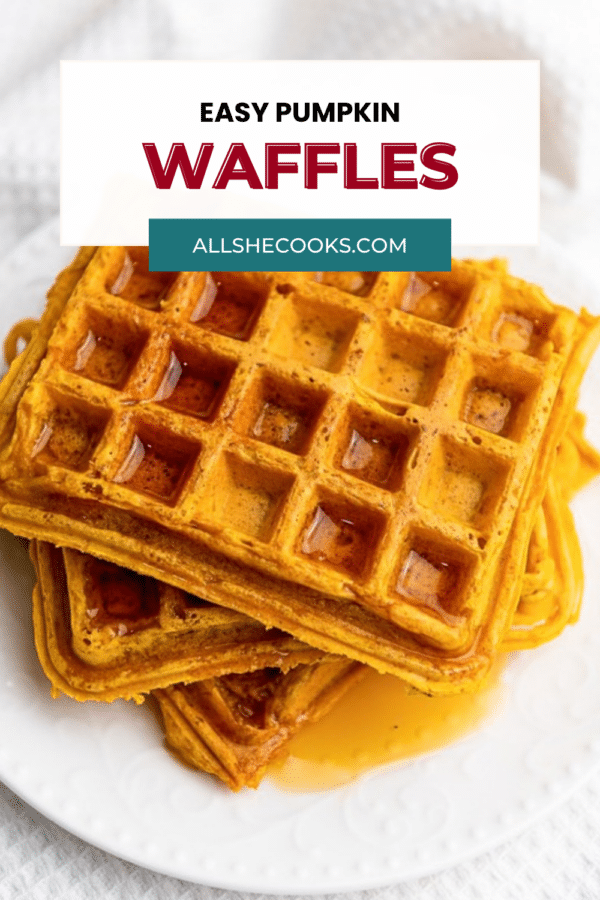 Close-up of easy pumpkin waffles with maple syrup, Pinterest graphic