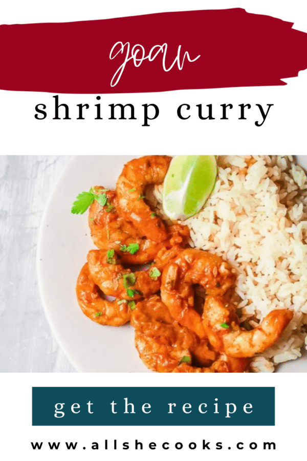 Goan shrimp curry on a plate with rice and lime, Pinterest graphic