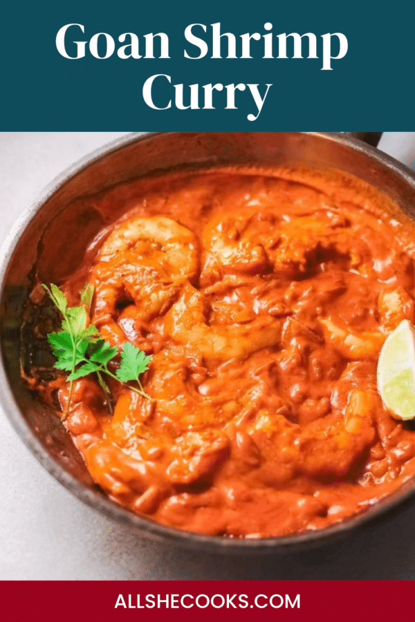 Skillet of Goan shrimp curry with cilantro and lime, Pinterest graphic