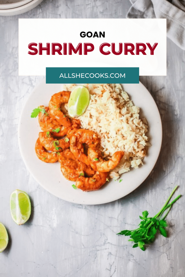Plate of Goan shrimp curry with rice, lime and cilantro, Pinterest graphic