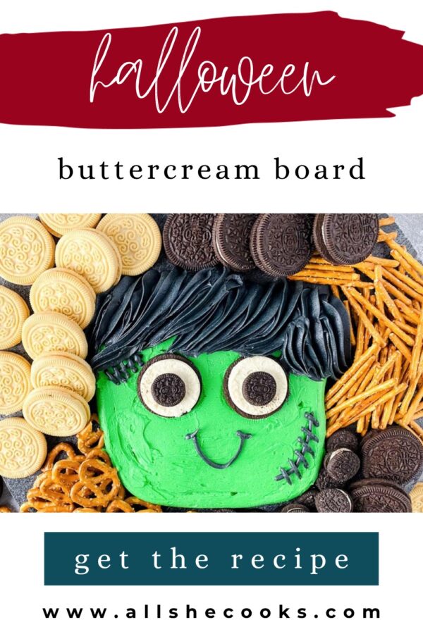 Halloween buttercream board Pinterest pin with a Frankenstein frosting face, cookies and pretzels