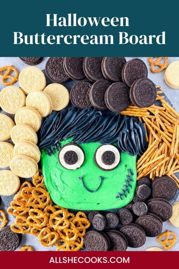 Halloween Buttercream Board Pinterest pin showing a Frankenstein frosting board with cookies and pretzels