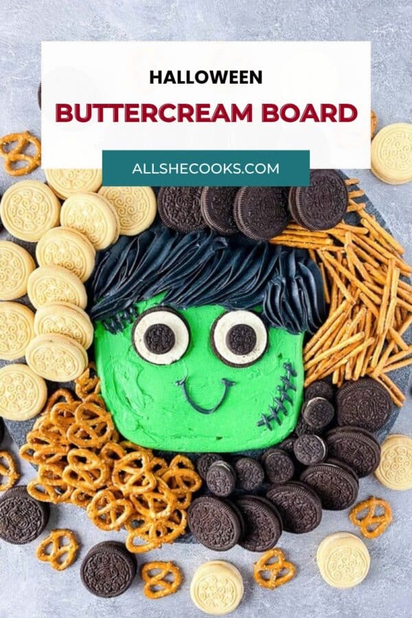 Halloween buttercream board Pinterest graphic with a green Frankenstein face made of frosting