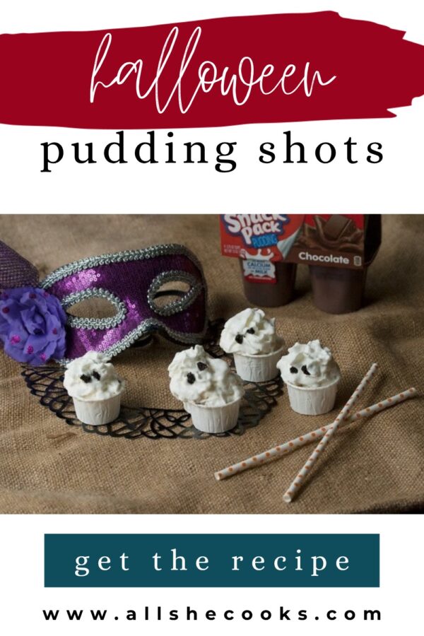 Halloween pudding shots Pinterest graphic with whipped cream ghost shots and a masquerade mask
