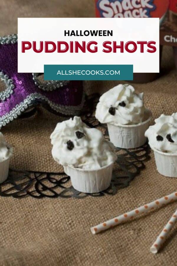 Halloween pudding shots Pinterest graphic with ghost pudding shots on burlap