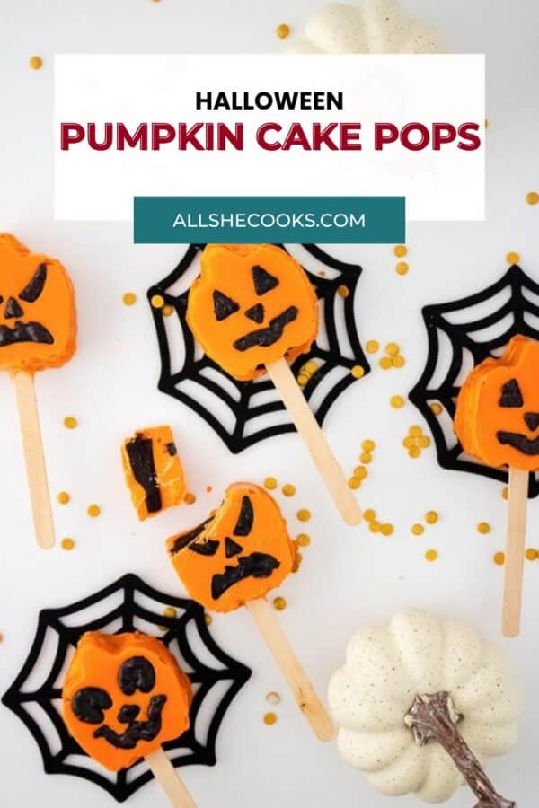 Halloween Pumpkin Cake Pops Pinterest pin with cake pops on spiderweb coasters