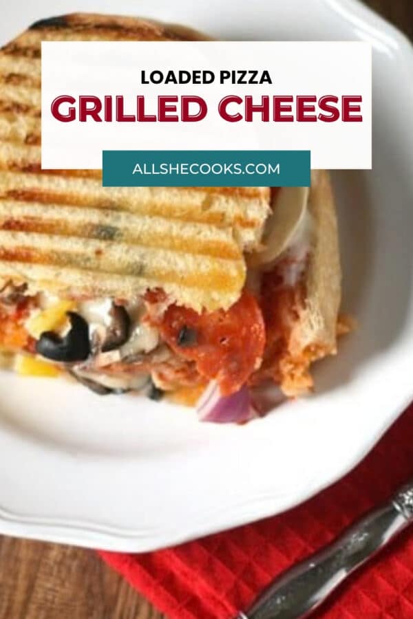 Overhead loaded pizza grilled cheese Pinterest graphic