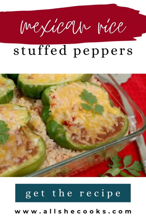 Mexican rice stuffed peppers topped with melted cheese and cilantro