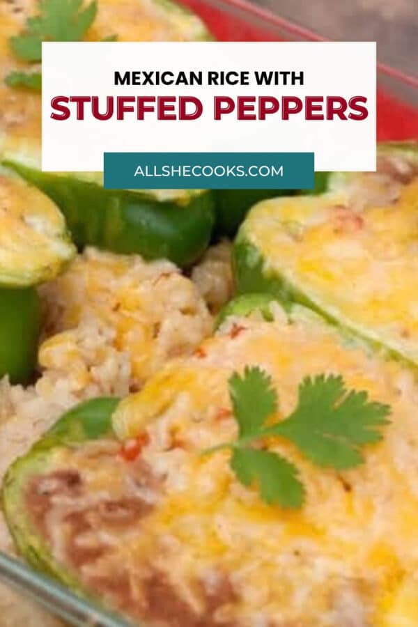 Close-up of cheesy stuffed peppers with refried beans and Mexican rice